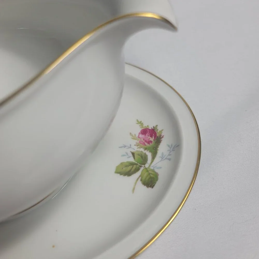 Rosenthal Petal Lane Gravy Boat White Pink Moss Rose Pattern Gold Trim